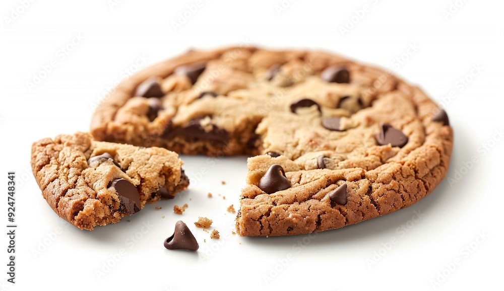 A delicious chocolate chip cookie broken in half on a clean white background A delicious chocolate chip cookie broken in half on a clean white background
