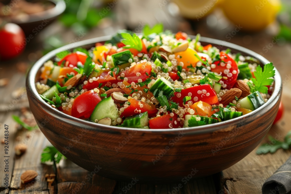 A vibrant quinoa salad with fresh vegetables and nuts in a wooden bowl. A vibrant quinoa salad with fresh vegetables and nuts in a wooden bowl.