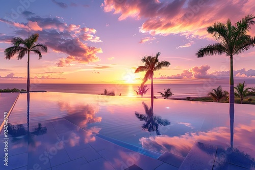 Tropical sunset with infinity pool.