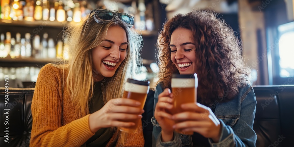 Two women are sitting on a couch, holding up their glasses of beer and smiling. They are both looking at their cell phones Two women are sitting on a couch, holding up their glasses of beer and smiling. They are both looking at their cell phones