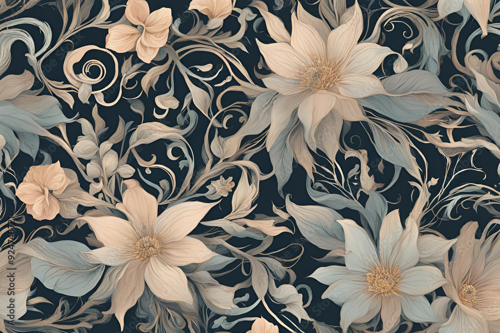 A dreamy floral pattern with ethereal, glowing flowers and swirling vines. A dreamy floral pattern with ethereal, glowing flowers and swirling vines.