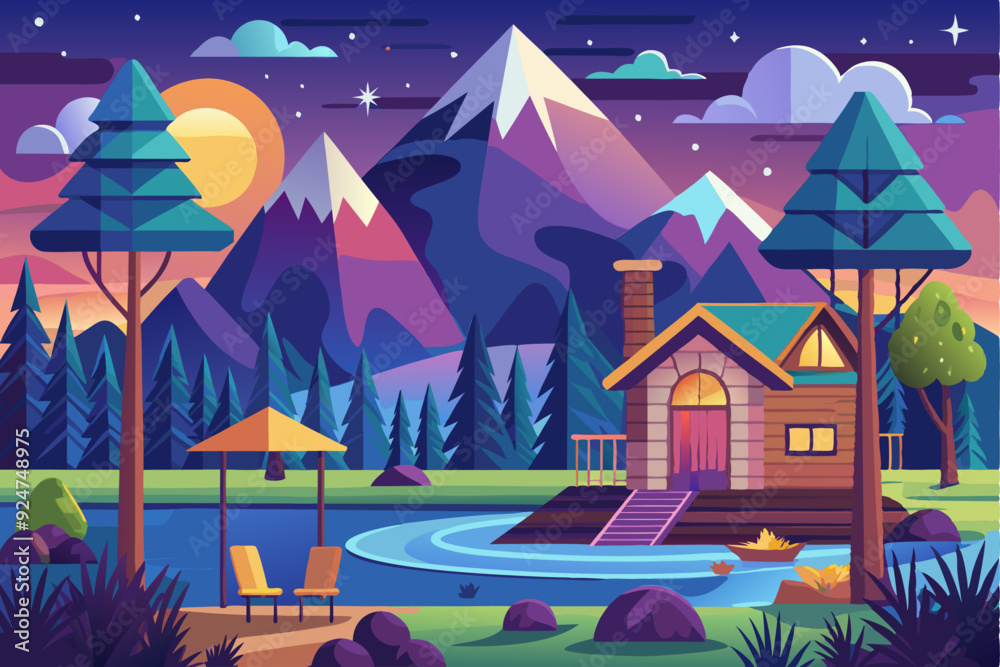 Naklejka premium Cozy Cabin nestled amidst a picturesque mountain landscape with a moonlit sky and a tranquil lake.
