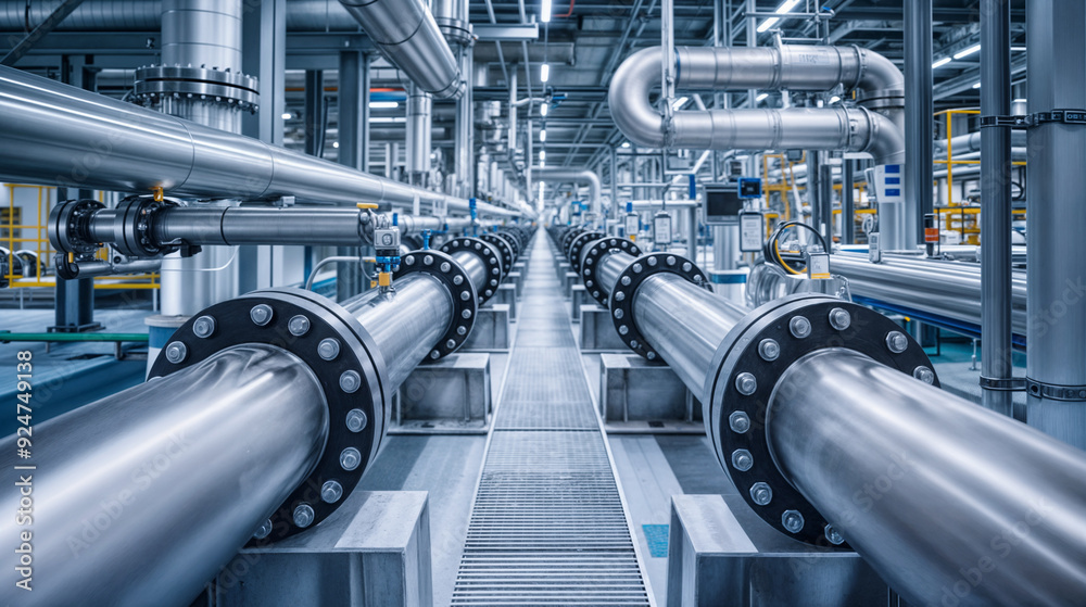 Shiny pipelines in an industrial setting. Modern technology concept for industrial background, website banner, or article Shiny pipelines in an industrial setting. Modern technology concept for industrial background, website banner, or article