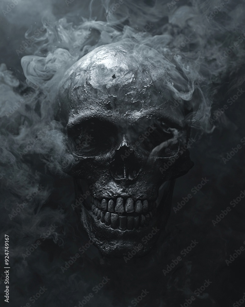 Human Skull surrounded by smoke over dark background. Generative Ai Human Skull surrounded by smoke over dark background. Generative Ai