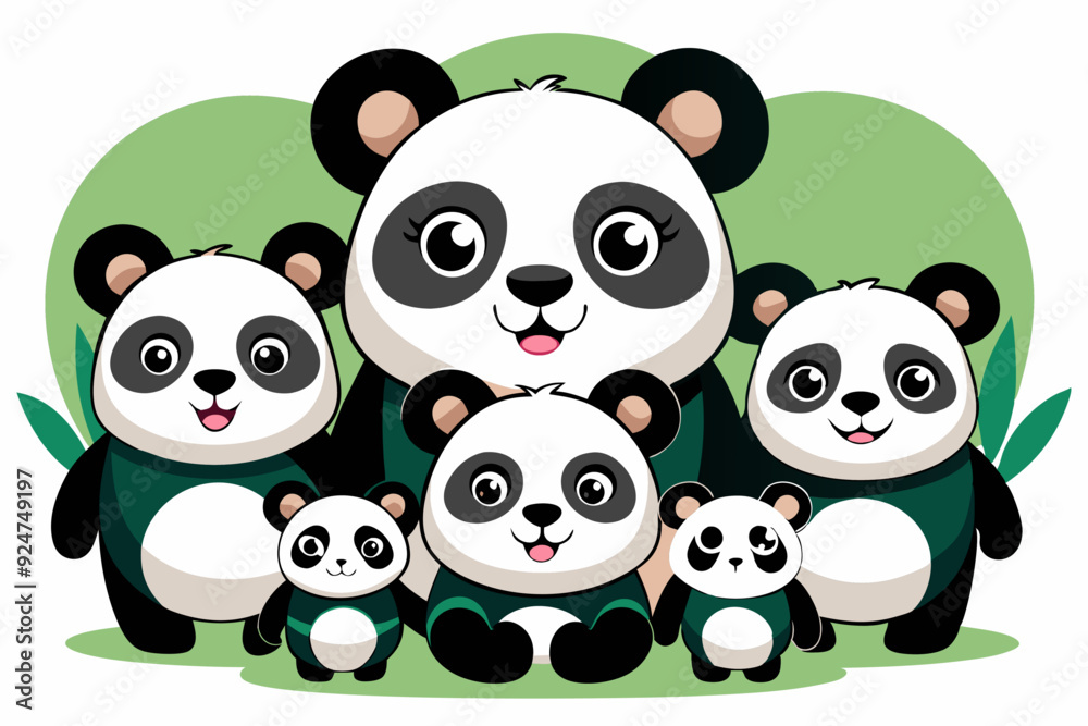Obraz premium A Family of Five Cute Cartoon Pandas