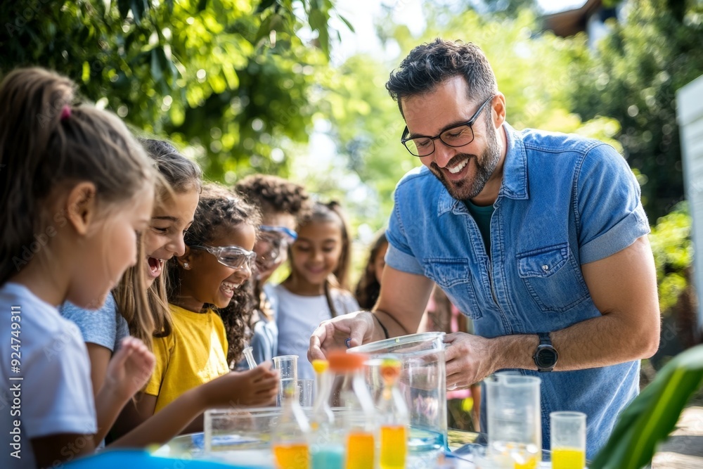 A teacher conducting a hands-on science experiment outdoors, with students gathered around, excitedly observing the results A teacher conducting a hands-on science experiment outdoors, with students gathered around, excitedly observing the results