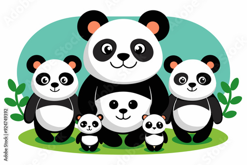 A family of four adorable pandas standing on green grass