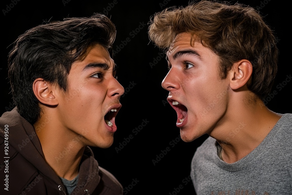 Two young men, one Hispanic, one Caucasian, arguing loudly, Generative AI Two young men, one Hispanic, one Caucasian, arguing loudly, Generative AI