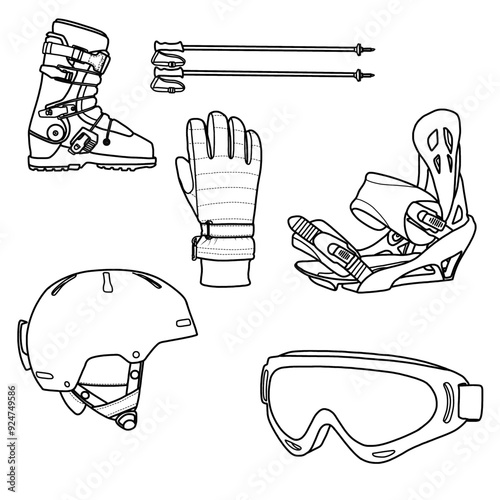 Snow ski equipment set hand-drawn doodle line art outline set. Containing goggles, ski boots, gloves, ski poles, protection helmet, and snowboard bindings.