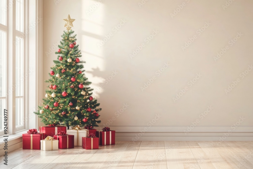 Christmas tree with gifts on wooden floor in empty room Christmas tree with gifts on wooden floor in empty room
