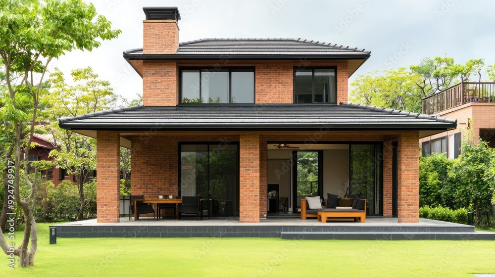 Modern brick house with a patio and a grassy lawn. Modern brick house with a patio and a grassy lawn.