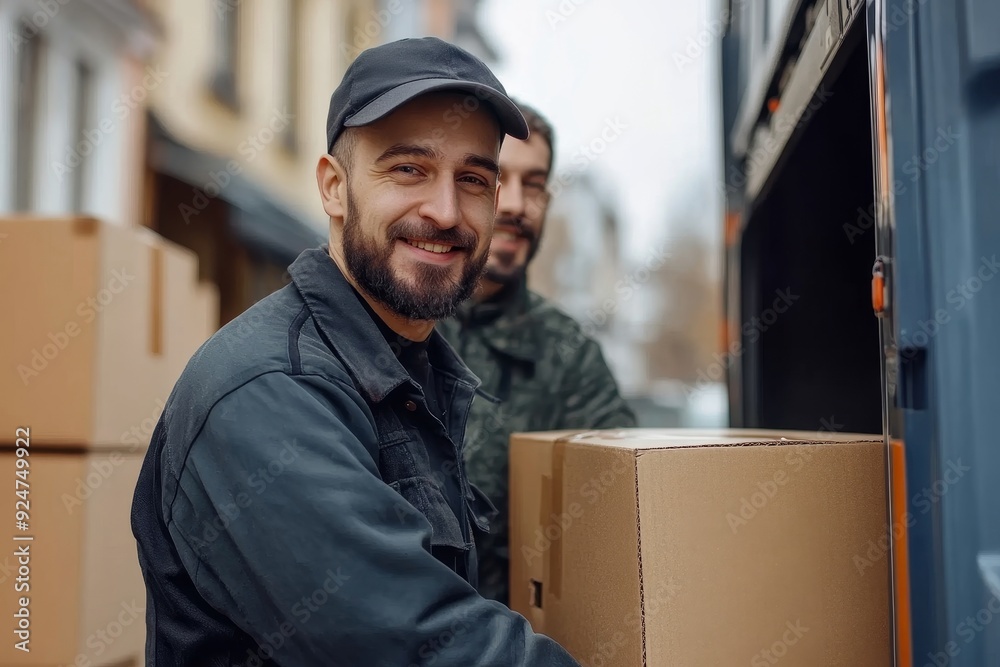 Professional Male Movers unloading furniture and cardboard boxes from truck, Generative AI Professional Male Movers unloading furniture and cardboard boxes from truck, Generative AI