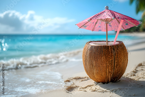 Wallpaper Mural Tropical Coconut Drink with Pink Umbrella on Idyllic Beach. Torontodigital.ca