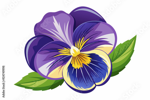 A single purple and yellow pansy flower with green leaves