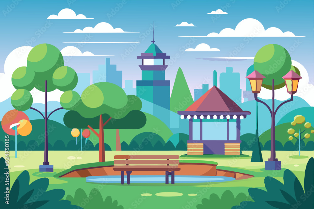 Park with a Gazebo, Bench, Pond and City Skyline Park with a Gazebo, Bench, Pond and City Skyline