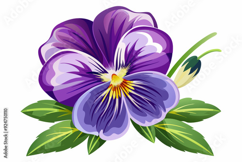A single purple pansy flower with green leaves and a bud