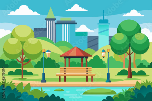 A Relaxing Park Scene with a Bench Under a Gazebo by a Stream
