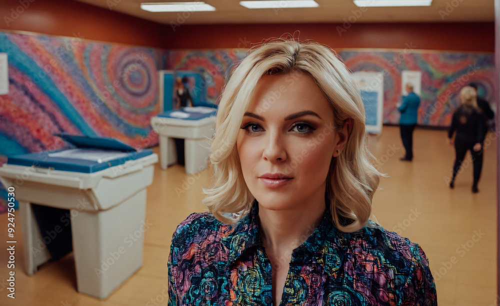 Modern take on the US presidential election concept. Portrait of a confident white woman at a colorful polling station. Modern take on the US presidential election concept. Portrait of a confident white woman at a colorful polling station.