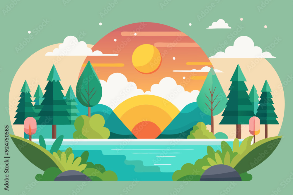 Naklejka premium A picturesque landscape with a lake, mountains, trees and a sunset