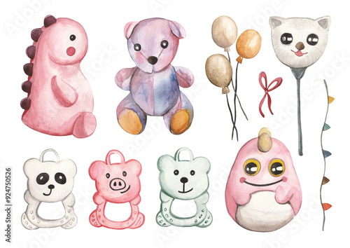 This watercolor set features an adorable collection of baby toys, including a pink dinosaur, colorful teddy bear, balloons, a cat-head wand, and various animal-shaped rattles. The soft pastel colors. 