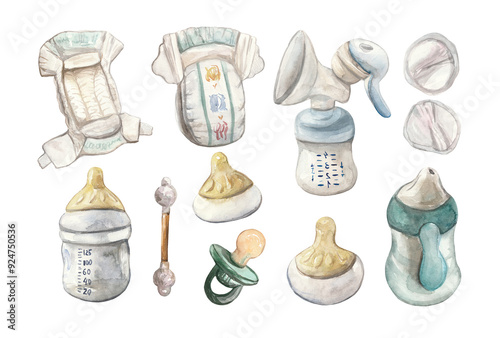 This watercolor set features an assortment of baby feeding and nursing essentials, including baby bottles, pacifiers, a breast pump, nursing pads, and diapers. 