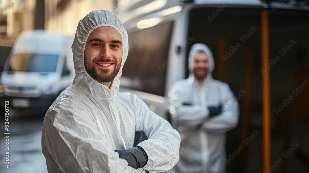 Young and happy male movers in protective suits standing in front of van, Generative AI Young and happy male movers in protective suits standing in front of van, Generative AI