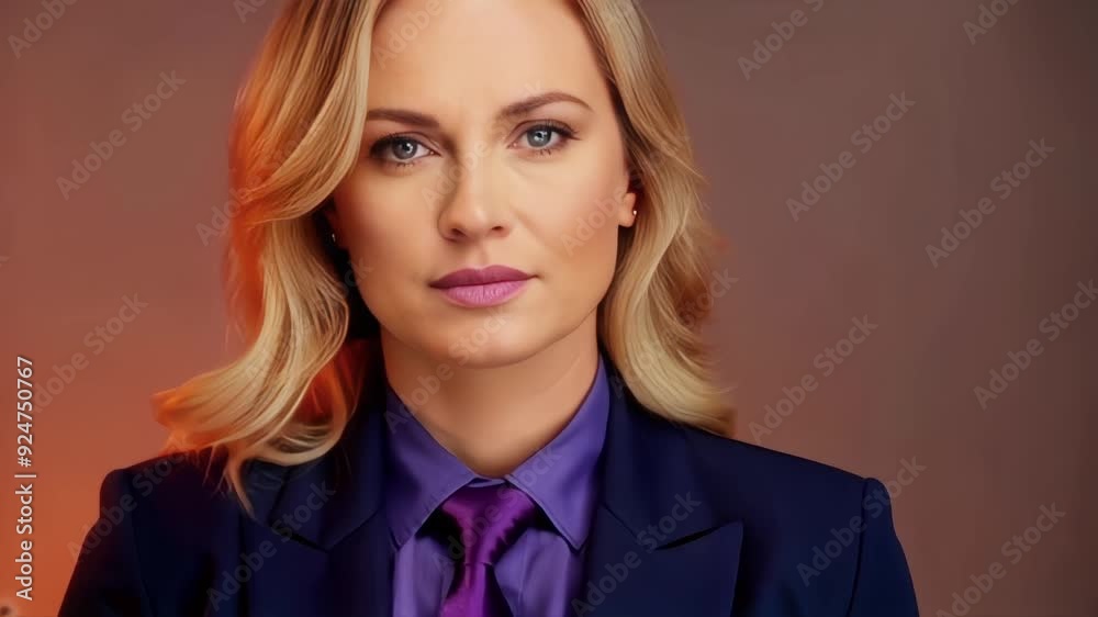 Bussines woman blonde blue eyes natural beauty in dark blue suit with purple tie Bussines woman blonde blue eyes natural beauty in dark blue suit with purple tie