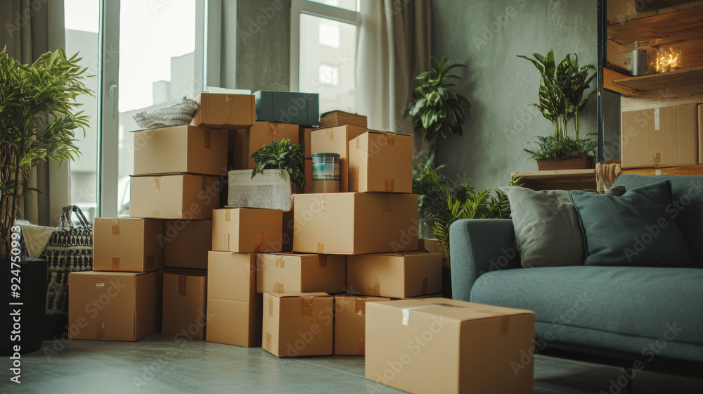A scene depicting a stack of cardboard boxes filled with household belongings in a modern living room. The packed containers are arranged on the floor of a new hOME A scene depicting a stack of cardboard boxes filled with household belongings in a modern living room. The packed containers are arranged on the floor of a new hOME