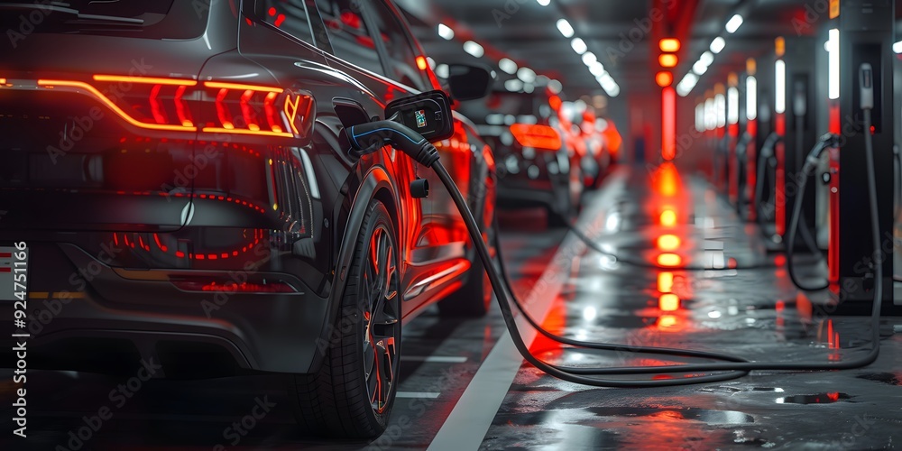 Electric car in underground garage. Electric car in underground garage.