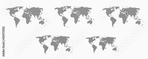 Set of flat earth world maps with hexagonal dots in different resolution. Round pixel pattern. Modern digital globe. Black dots on white background. Worldmap template for website, infographics, design