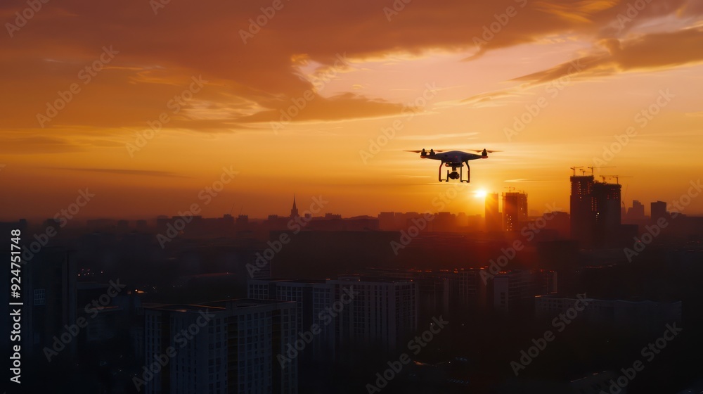 Silhouette of drone flying above the city at sunset time Silhouette of drone flying above the city at sunset time