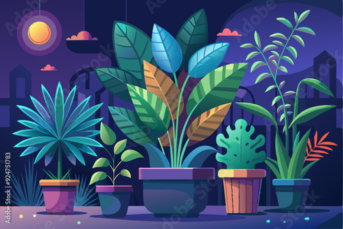 Five potted plants with vibrant foliage against a dark backdrop