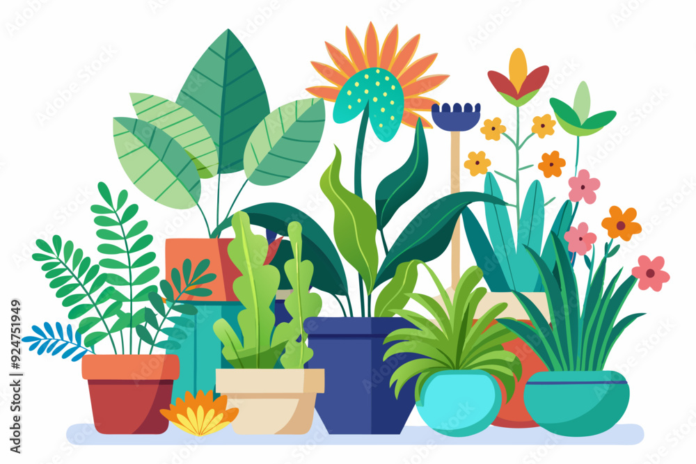 Fototapeta premium Colorful Potted Plants with Various Flowers and Leaves