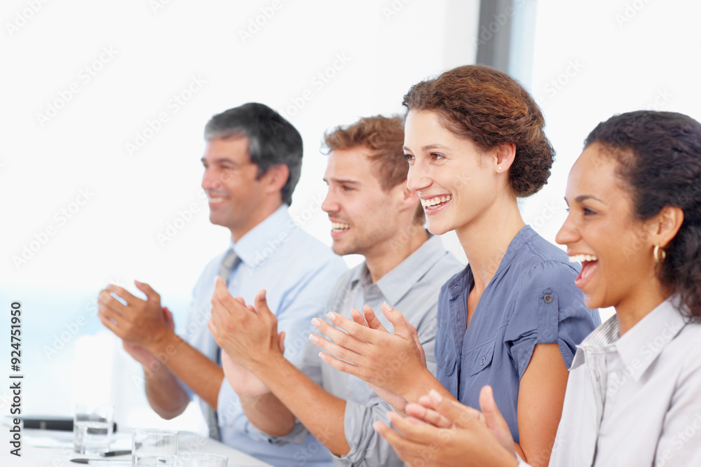 Employees, people and happy in office with applause for successful presentation on business development. Corporate, clapping hands and excited with congratulation, target and well done on pitch Employees, people and happy in office with applause for successful presentation on business development. Corporate, clapping hands and excited with congratulation, target and well done on pitch