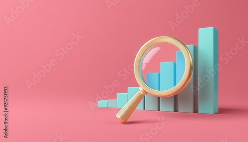 A magnifying glass focusing on a rising bar graph, symbolizing analysis, growth, and data discovery in a modern design.