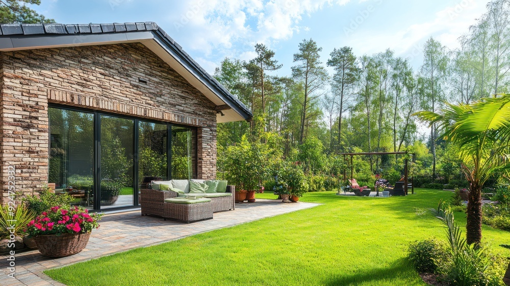 A brick house with a patio, furniture, and a lush green lawn with a palm tree in the background. A brick house with a patio, furniture, and a lush green lawn with a palm tree in the background.