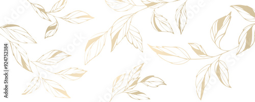 Banner with golden branches and leaves on transparent background. Luxury vector botanical background
