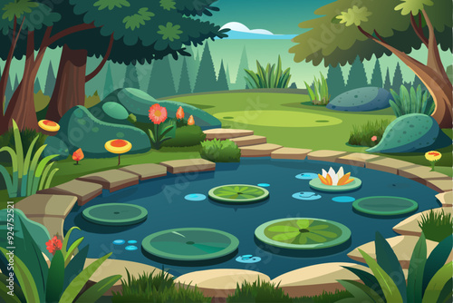 Tranquil Forest Pond with Lily Pads and Flowers