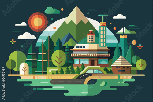 Flat Design Illustration of a Mountain Village with a River and Forest