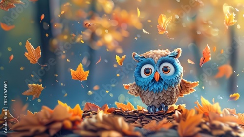 Whimsical baby owl in watercolor enjoying colorful autumn leaves in a breezy forest