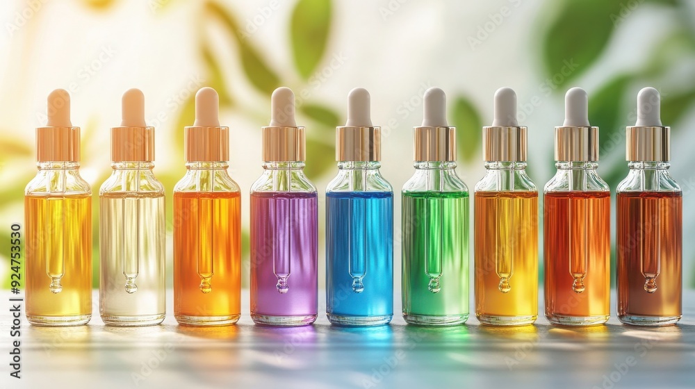 Colorful Essential Oils in Glass Bottles. Colorful Essential Oils in Glass Bottles.