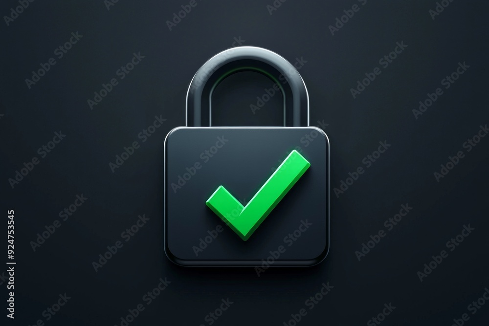 A sleek lock icon with a bold green checkmark, set against a dark background, symbolizing verified security. A sleek lock icon with a bold green checkmark, set against a dark background, symbolizing verified security.