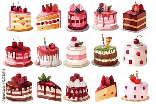 Assorted decorative cakes with fruit and icing
