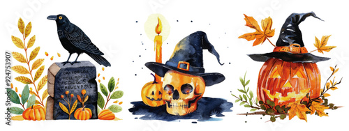 Halloween Watercolor with Crow, Skull, and Pumpkin
