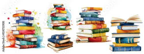 Cute watercolor Stacked Books in Vibrant Colors
