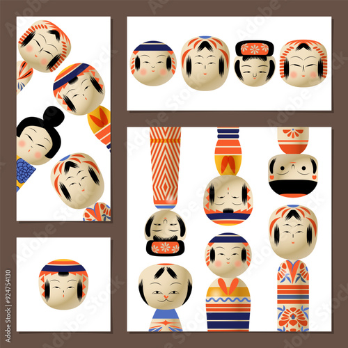 Traditional Japanese Wooden Dolls. Kokeshi dolls. Vector illustration