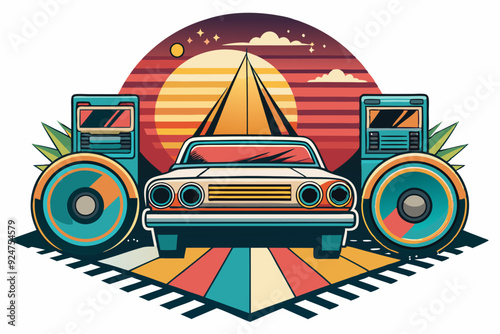 Retro Car Illustration with Sunset and Stereo Speakers