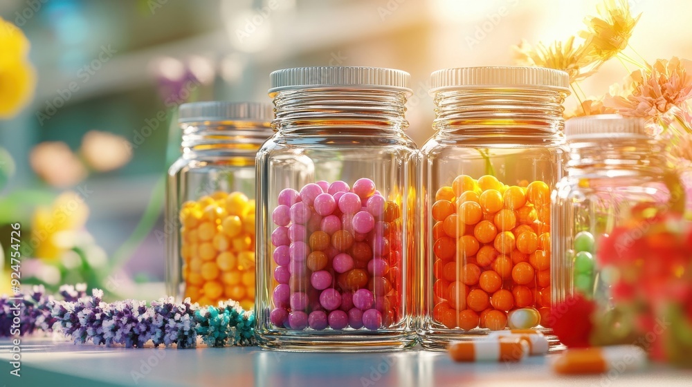 Colorful Pills in Glass Jars Colorful Pills in Glass Jars