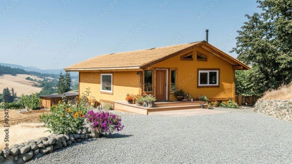 Yellow cabin with a thatched roof, wooden door and steps, on a gravel driveway in a mountainous area with a blue sky. Yellow cabin with a thatched roof, wooden door and steps, on a gravel driveway in a mountainous area with a blue sky.