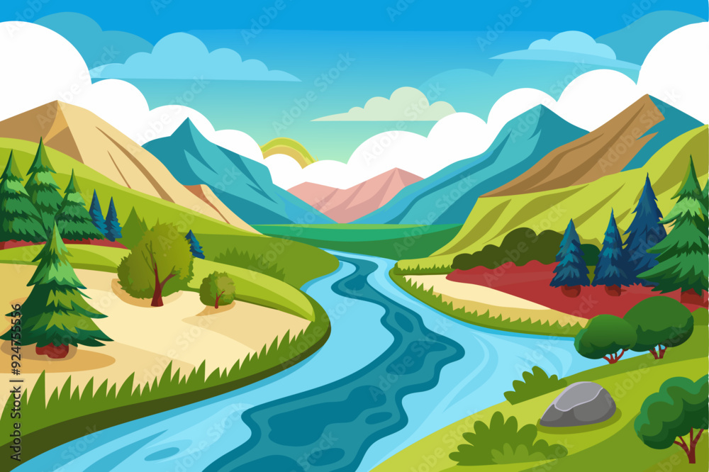 Naklejka premium Serene River Winding Through Mountain Valley Landscape